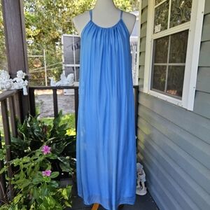 Rosemarine ITALY Gathered Neckline Spaghetti Strap Silk Maxi Dress L Blue Fairy